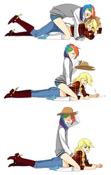 Size: 1021x1606 | Tagged: source needed, safe, artist:abysstea, applejack, rainbow dash, human, g4, accessory theft, applejack is not amused, female, humanized, lesbian, rainbow dash wearing applejack's hat, ship:appledash, shipping, sitting on person, unamused