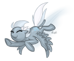 Size: 863x706 | Tagged: safe, artist:viperviolist, silverspeed, pegasus, pony, g4, eyes closed, female, flying, full body, happy, mare, raised hoof, signature, simple background, smiling, solo, spread wings, tail, white background, windswept mane, wings