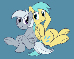 Size: 1280x1022 | Tagged: safe, artist:whatsapokemon, silverspeed, sunshower raindrops, pegasus, pony, g4, blue background, duo, duo female, female, folded wings, full body, hoof on head, looking at each other, mare, simple background, smiling, smiling at each other, tail, underhoof, wings