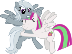 Size: 6500x4858 | Tagged: safe, artist:ambassad0r, blossomforth, silverspeed, pegasus, pony, g4, absurd resolution, female, hug, mare, simple background, transparent background