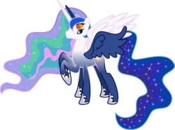 Size: 7000x5210 | Tagged: safe, artist:ambassad0r, princess celestia, princess luna, oc, oc only, alicorn, pony, g4, absurd resolution, blue coat, blue mane, female, four eyes, four wings, fusion, fusion:lunestia, fusion:princess celestia, fusion:princess luna, horn, mare, multiple eyes, multiple horns, multiple legs, multiple limbs, multiple wings, raised hoof, royal sisters, siblings, simple background, sisters, six legs, six-legged pony, solo, spread wings, transparent background, wat, what has magic done, white coat, wings