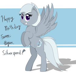 Size: 1280x1280 | Tagged: safe, artist:phoenixswift, silverspeed, pegasus, pony, g4, abstract background, bipedal, female, full body, gift art, looking at you, mare, smiling, smiling at you, solo, spread wings, tail, wings