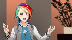 Size: 649x364 | Tagged: safe, artist:abysstea, rainbow dash, human, g4, humanized, promotions, varsity jacket