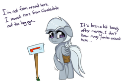 Size: 1280x859 | Tagged: safe, artist:helhoof, silverspeed, pegasus, pony, g4, asksilverspeed, background pony, female, mailbox, mare, nervous, saddle bag, simple background, solo, white background