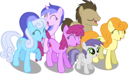 Size: 8000x4744 | Tagged: safe, artist:ambassad0r, berry punch, berryshine, carrot top, doctor whooves, golden harvest, sea swirl, seafoam, shoeshine, time turner, tornado bolt, earth pony, pegasus, pony, unicorn, g4, it's about time, season 2, ^^, absurd resolution, eyes closed, female, filly, foal, laughing, male, mare, open mouth, open smile, simple background, smiling, stallion, transparent background