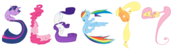 Size: 3276x930 | Tagged: safe, artist:whispatchet, applejack, fluttershy, pinkie pie, rainbow dash, rarity, twilight sparkle, earth pony, pegasus, pony, unicorn, g4, female, horn, mane six, mare, pony shaped words, simple background, sleepy, transparent background