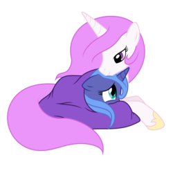 Size: 6000x6000 | Tagged: safe, artist:jessy, artist:mamandil, princess celestia, princess luna, pony, g4, absurd resolution, blanket, duo, duo female, female, filly, scared, simple background, sisters, transparent background, woona