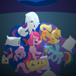 Size: 1416x1417 | Tagged: safe, artist:heireau, applejack, fluttershy, pinkie pie, rainbow dash, rarity, twilight sparkle, g4, cuddle puddle, cuddling, mane six, sleeping, sleepover