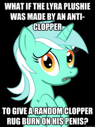 Size: 625x833 | Tagged: safe, lyra heartstrings, pony, unicorn, g4, background pony, black background, conspiracy lyra, exploitable meme, female, image macro, impact font, implied plothole plush lyra, lyra plushie, mare, meme, sad, scared, simple background