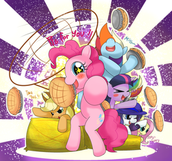 Size: 1120x1050 | Tagged: safe, artist:hoyeechun, applejack, fluttershy, pinkie pie, rainbow dash, rarity, twilight sparkle, g4, food, food fight, mane six, pie