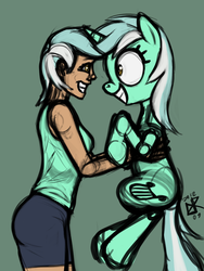 Size: 1200x1600 | Tagged: safe, artist:ldr, lyra heartstrings, human, pony, unicorn, g4, duo, eye contact, green background, grin, holding, holding a pony, human ponidox, humanized, irrational exuberance, looking at each other, old version, simple background, sketch, smiling