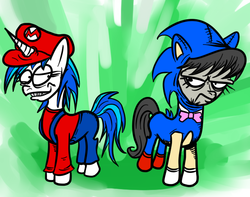 Size: 635x500 | Tagged: dead source, safe, artist:frustratedoctavia, dj pon-3, octavia melody, vinyl scratch, g4, clothes, cosplay, costume, crossover, duo, male, mario, octavia is not amused, sonic the hedgehog, sonic the hedgehog (series), super mario bros., unamused