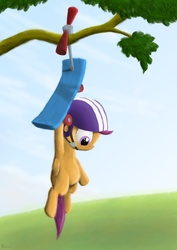 Size: 2480x3508 | Tagged: safe, artist:jarwall, scootaloo, pony, g4, dangling, female, high res, scooter, solo, tree