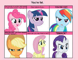 Size: 716x552 | Tagged: safe, applejack, fluttershy, pinkie pie, rainbow dash, rarity, twilight sparkle, g4, 6 pony meme, exploitable meme, fat, meme