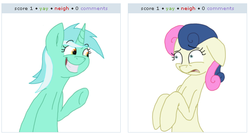 Size: 528x282 | Tagged: safe, bon bon, lyra heartstrings, sweetie drops, g4, exploitable meme, juxtaposition, juxtaposition win, meta