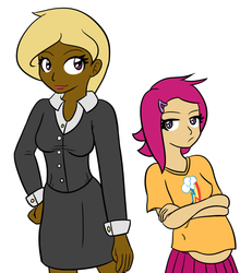 Size: 802x869 | Tagged: safe, artist:jake heritagu, scootaloo, oc, oc:sandy hooves, human, ask pregnant scootaloo, g4, dark skin, duo, humanized, pregnant, pregnant scootaloo, teen pregnancy