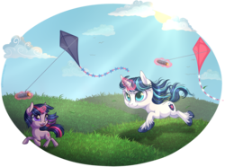 Size: 1500x1117 | Tagged: safe, artist:kittehkatbar, shining armor, twilight sparkle, pony, unicorn, g4, filly, foal, kite, kite flying, magic, out of frame, partial background, simple background, transparent background