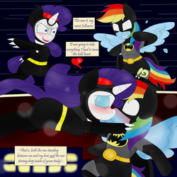 Size: 2080x2080 | Tagged: safe, artist:blackbewhite2k7, rainbow dash, rarity, pegasus, pony, unicorn, g4, batman, batmare, blushing, catmare, catwoman, comic, duo, eyes closed, feather, female, fight, floating heart, heart, high res, kiss on the lips, kissing, lesbian, mare, parody, ship:raridash, shipping, surprise kiss, sweat, sweatdrop