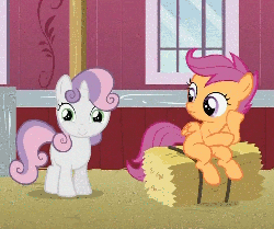 Size: 500x419 | Tagged: safe, edit, edited screencap, screencap, scootaloo, sweetie belle, pegasus, pony, unicorn, g4, hearts and hooves day (episode), adoracreepy, animated, barn, creepy, cropped, cute, diasweetes, duo, female, filly, hay bale, hearts and hooves day, looking at you, sweet apple acres, tenso, zoom