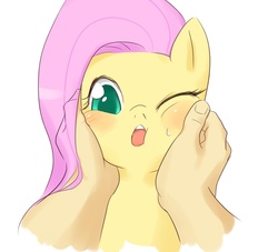 Size: 1000x909 | Tagged: dead source, safe, fluttershy, human, pegasus, pony, g4, :o, blushing, cheeks, colored pupils, cute, female, looking at you, mare, one eye closed, open mouth, pixiv, pov, rubbing, shyabetes, simple background, solo focus, squishy cheeks, sweat, sweatdrop, tongue out, white background, wink