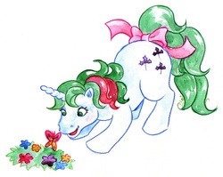 Size: 1501x1192 | Tagged: safe, artist:landesfes, gusty, butterfly, pony, unicorn, g1, 2009, bow, female, flower, horn, leaning, mare, simple background, solo, tail, tail bow, traditional art, white background