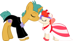 Size: 2066x1168 | Tagged: safe, artist:ludiculouspegasus, snails, twist, earth pony, pony, unicorn, g4, clothes, dress, female, glasses, kissing, male, ship:snailstwist, shipping, simple background, straight, suit, transparent background, wedding, wedding dress