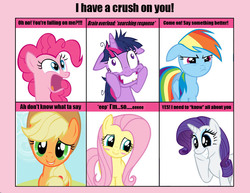 Size: 850x655 | Tagged: safe, applejack, fluttershy, pinkie pie, rainbow dash, rarity, twilight sparkle, g4, 6 pony meme, crush, exploitable meme, mane six, meme