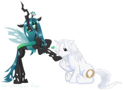 Size: 1469x1084 | Tagged: dead source, safe, artist:catwhitney, queen chrysalis, oc, changeling, changeling queen, pony, unicorn, g4, crown, duo, female, horn, jewelry, regalia, simple background, transparent background, transparent wings, unicorn oc, wings