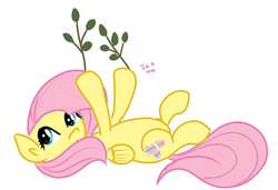 Size: 1999x1367 | Tagged: safe, artist:fribox, fluttershy, pegasus, pony, g4, female, fluttertree, hooves in air, leaves, looking at you, on back, simple background, solo, talking to viewer, tree branch, white background