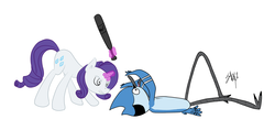 Size: 3339x1578 | Tagged: safe, artist:fribox, rarity, pony, unicorn, g4, abuse, baseball bat, crossover, duo, mordecai