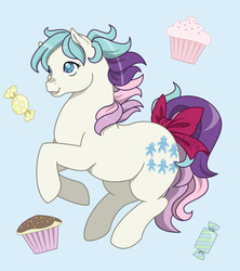 Size: 776x872 | Tagged: safe, artist:kuro-rakuen, gingerbread, earth pony, pony, twinkle eyed pony, g1, 2012, bow, candy, cupcake, female, food, light blue background, mare, simple background, solo, tail, tail bow