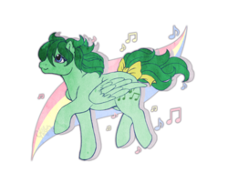 Size: 900x763 | Tagged: safe, artist:kuro-rakuen, medley, pegasus, pony, g1, bow, drop shadow, female, folded wings, looking up, mare, medleybetes, music notes, raised hoof, solo, tail, tail bow, wings