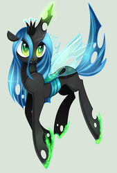 Size: 947x1400 | Tagged: safe, artist:tamufisi, queen chrysalis, changeling, changeling queen, g4, crown, female, glowing horn, gray background, horn, jewelry, regalia, simple background, solo, transparent wings, wings