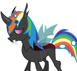 Size: 609x562 | Tagged: safe, rainbow dash, changeling, g4, changelingified, dashling, fangs, female, sad, solo, species swap