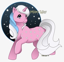 Size: 818x798 | Tagged: safe, artist:kuro-rakuen, milky way, pony, unicorn, g1, 2010, female, horn, mare, raised hoof, simple background, solo, stars, turned head, twice as fancy ponies, white background