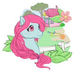 Size: 843x859 | Tagged: safe, artist:kuro-rakuen, playtime, earth pony, pony, g1, 2011, ball, braid, braided ponytail, bust, female, fence, flower, freckles, jump rope, leaf, mare, ponytail, solo, weather vane