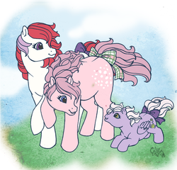 Size: 831x797 | Tagged: safe, artist:kuro-rakuen, cotton candy (g1), moondancer (g1), yo-yo (g1), earth pony, pegasus, pony, g1, baby, baby pony, bow, earth pony moondancer (g1), female, filly, foal, looking at each other, looking at someone, mare, missing horn, race swap, raised hoof, tail bow, toy interpretation, trio, trio female