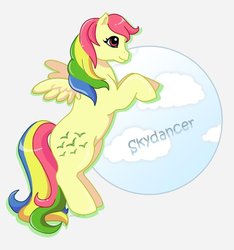 Size: 865x923 | Tagged: safe, artist:kuro-rakuen, skydancer, pegasus, pony, g1, 2010, artifact, circle background, cloud, drop shadow, female, mare, pre-fim fanart, rearing, solo