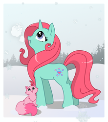 Size: 827x936 | Tagged: safe, artist:kuro-rakuen, snowcatcher, cat, pony, unicorn, g4, duo, female, foggy breath, horn, mare, snow