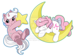 Size: 900x675 | Tagged: safe, artist:kuro-rakuen, milky way, moondancer (g1), pony, unicorn, g1, 2010, chibi, deviantart watermark, duo, duo female, female, horn, lying down, lying on the moon, mare, obtrusive watermark, prone, simple background, sleeping, stars, tangible heavenly object, transparent background, twice as fancy ponies, watermark