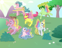 Size: 1280x992 | Tagged: safe, artist:kuro-rakuen, cool breeze, flurry (g1), moon jumper, starry wings (g1), sun glider, whirly, pony, g1, 2012, bow, bush, cliff, female, flower, grass, group, lying down, mare, open mouth, open smile, prone, raised hoof, rearing, running, sextet, smiling, spread wings, tail, tail bow, tree, windswept hair, windswept mane, windswept tail, windy wing ponies, wings, wings down