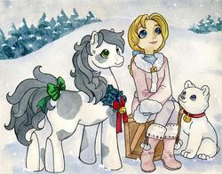 Size: 738x579 | Tagged: safe, artist:kuro-rakuen, megan williams, oc, dog, human, pony, g1, bell, bell collar, bow, collar, female, looking up, mare, sitting, snow, standing, tail, tail bow, traditional art, watercolor painting, winter