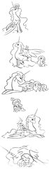 Size: 900x3237 | Tagged: safe, artist:howlingwind14, philomena, princess celestia, princess luna, oc, alicorn, phoenix, pony, g4, comic, monochrome, sleeping, woona