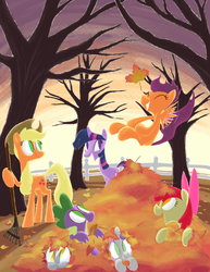 Size: 1148x1485 | Tagged: safe, artist:aliasforrent, apple bloom, applejack, derpy hooves, scootaloo, spike, sweetie belle, twilight sparkle, pegasus, pony, g4, autumn, cute, cutie mark crusaders, female, leaf pile, leaves, mare