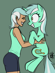 Size: 1200x1600 | Tagged: safe, artist:ldr, lyra heartstrings, human, pony, unicorn, g4, duo, eye contact, female, green background, grin, holding, holding a pony, human ponidox, humanized, irrational exuberance, looking at each other, self paradox, simple background, smiling