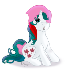 Size: 600x595 | Tagged: safe, artist:nollaig, baby gusty, pony, g1, the ghost of paradise estate, pillow hat, scene interpretation, sitting, solo