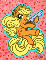Size: 2550x3300 | Tagged: safe, artist:crizltron, applejack, earth pony, pony, g4, female, gun, happy, heart, high res, one eye closed, open mouth, shotgun, smiling, solo, weapon, wink