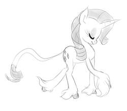 Size: 580x508 | Tagged: safe, artist:jessy, rarity, classical unicorn, pony, g4, eyes closed, female, grayscale, horn, leonine tail, monochrome, sketch, solo, unshorn fetlocks