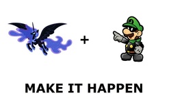 Size: 1008x600 | Tagged: safe, nightmare moon, g4, all caps, exploitable meme, luigi, make it happen, male, meme, meta, mr. l, paper mario, super mario, super paper mario