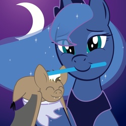 Size: 800x800 | Tagged: safe, artist:pariahpoet, princess luna, bat, g4, brush, brushie, cute, duo, eyes closed, fangs, hoof hold, moon, mouth hold, night, pet, smiling, toothbrush